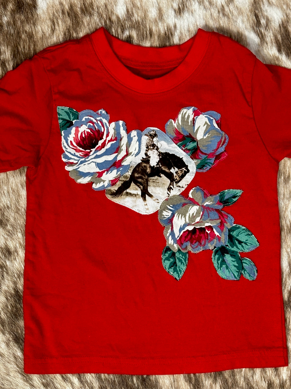 Bronc Rider & Roses on Red Tee, Size 2T