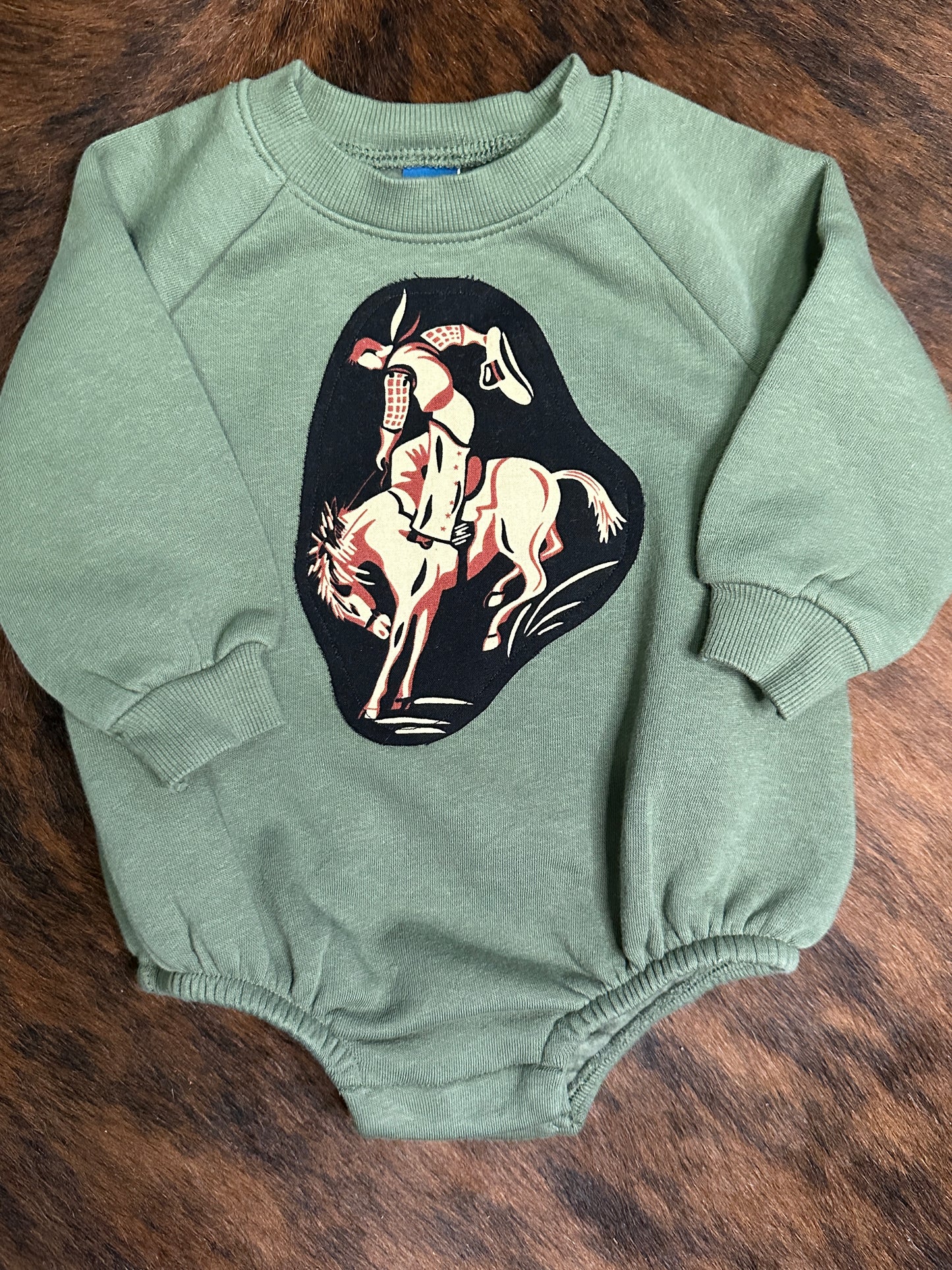 Vintage Bronc on Army Green Sweatshirt Onesie, Size 6-12 mons.