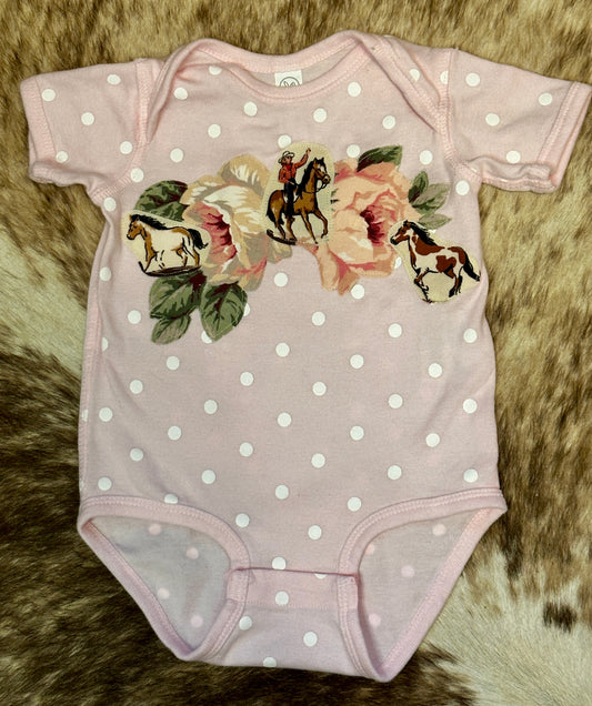 Cowgirl & Horses on Pink Polka Dot Onesie, Size 12 mons.