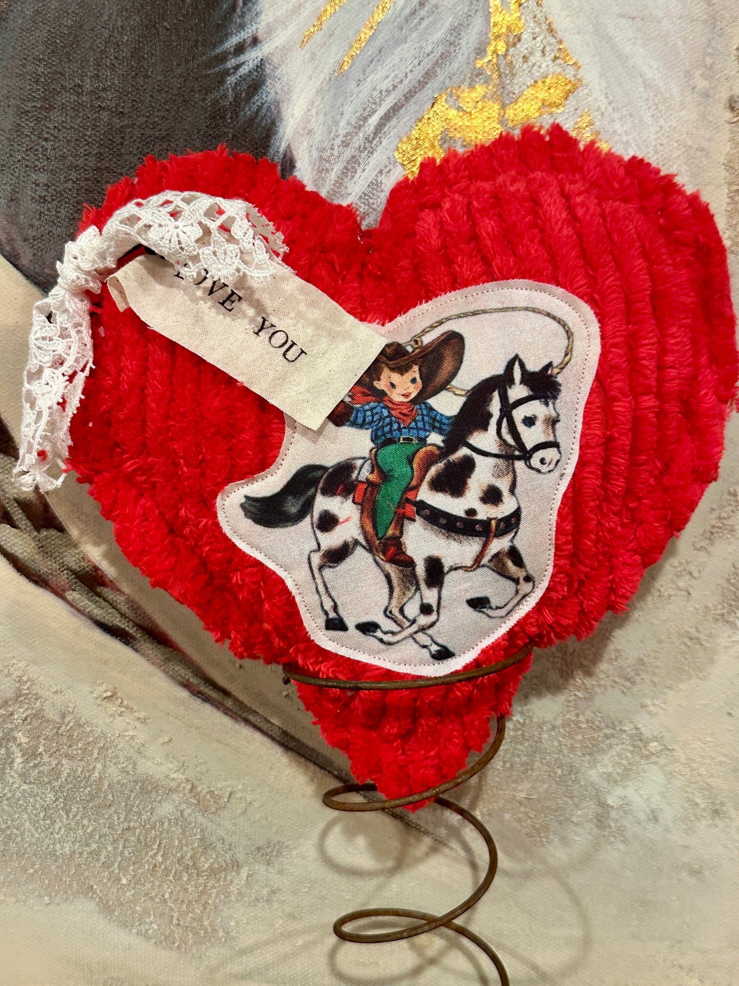 RED Chenille Plushie Cowboy Heart #3