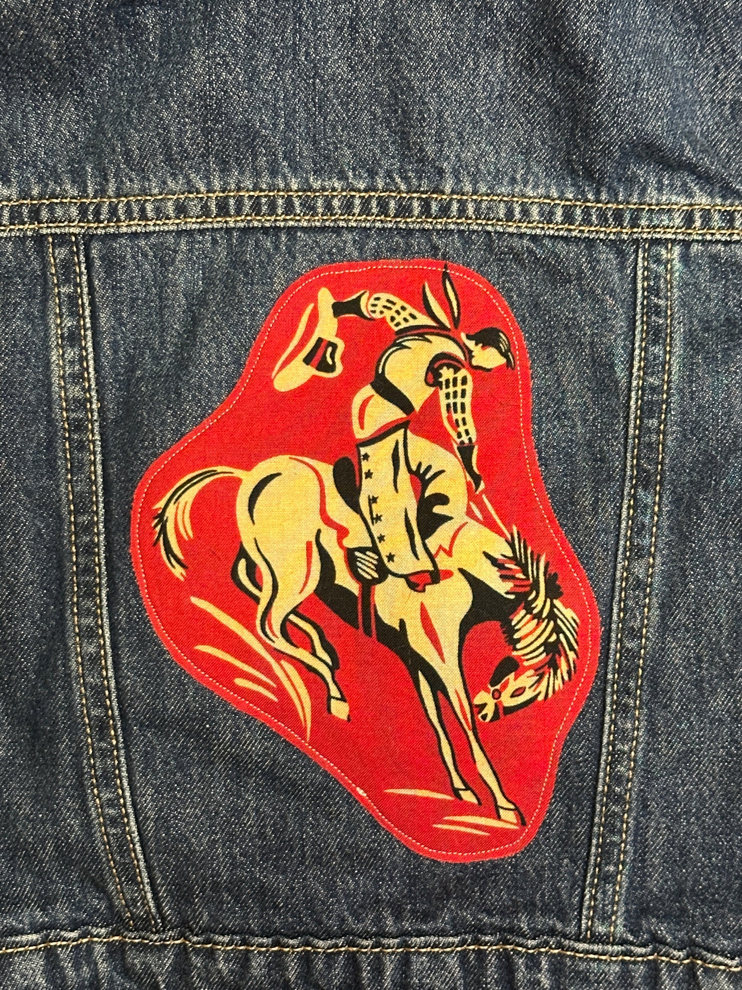 Red Vintage Bronc on Denim Sherpa Lined Jacket, Size 18-24 mons.