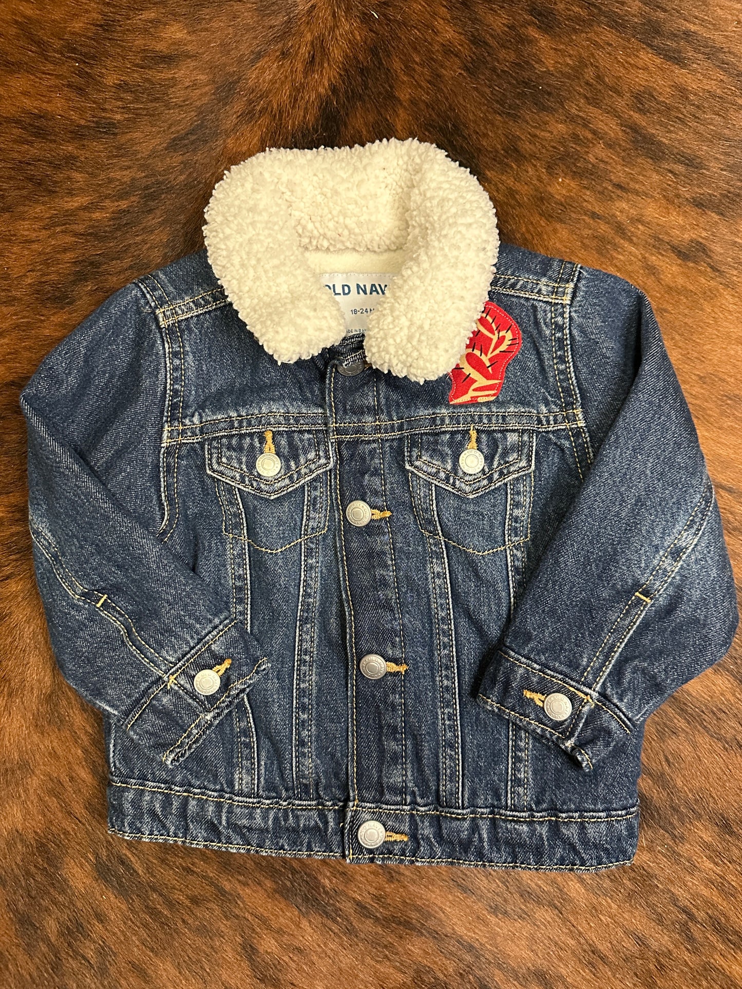 Red Vintage Bronc on Denim Sherpa Lined Jacket, Size 18-24 mons.