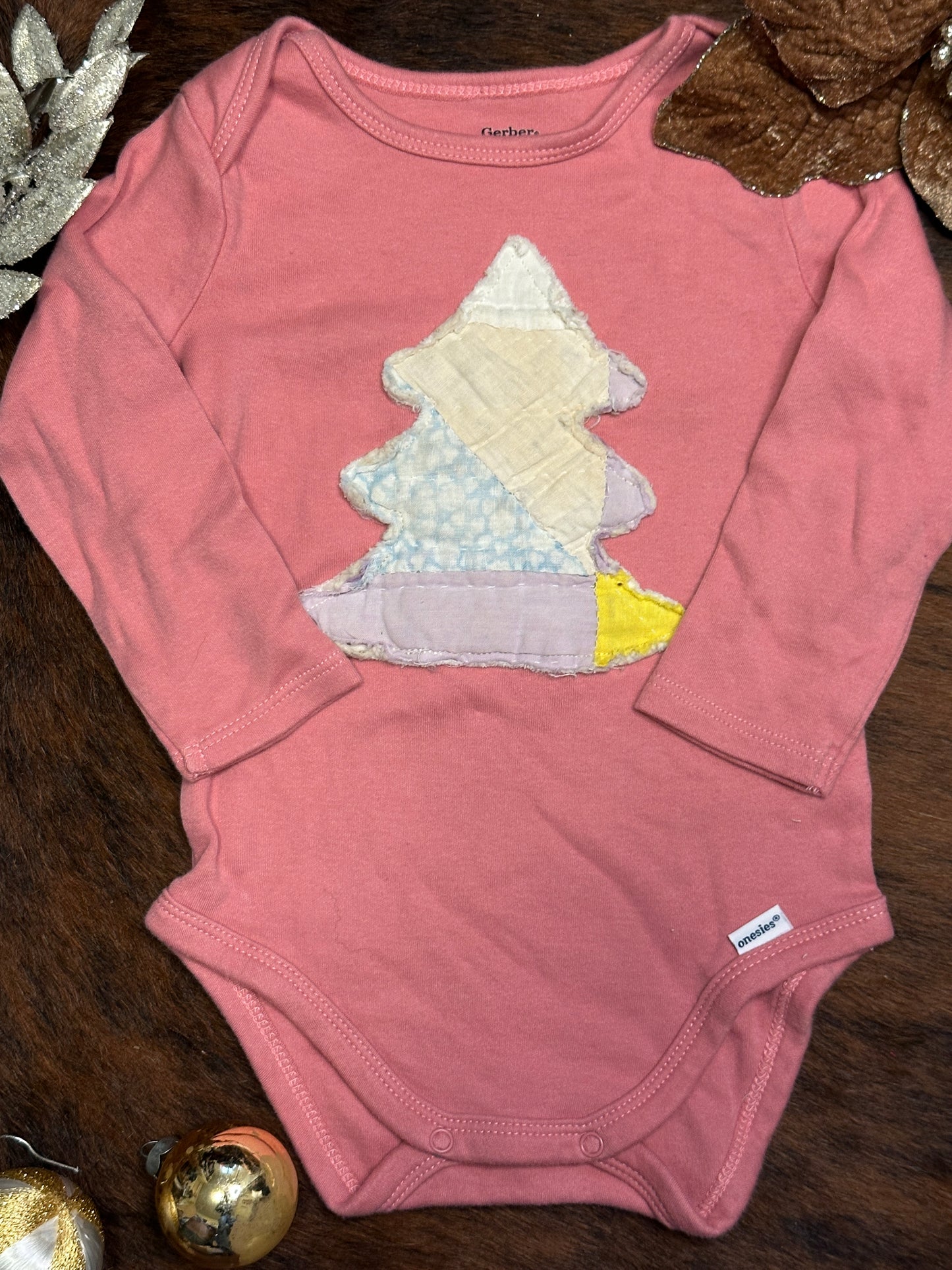 Upcycled Christmas Tree Long Sleeve Onesie, Size 6-9 mons.