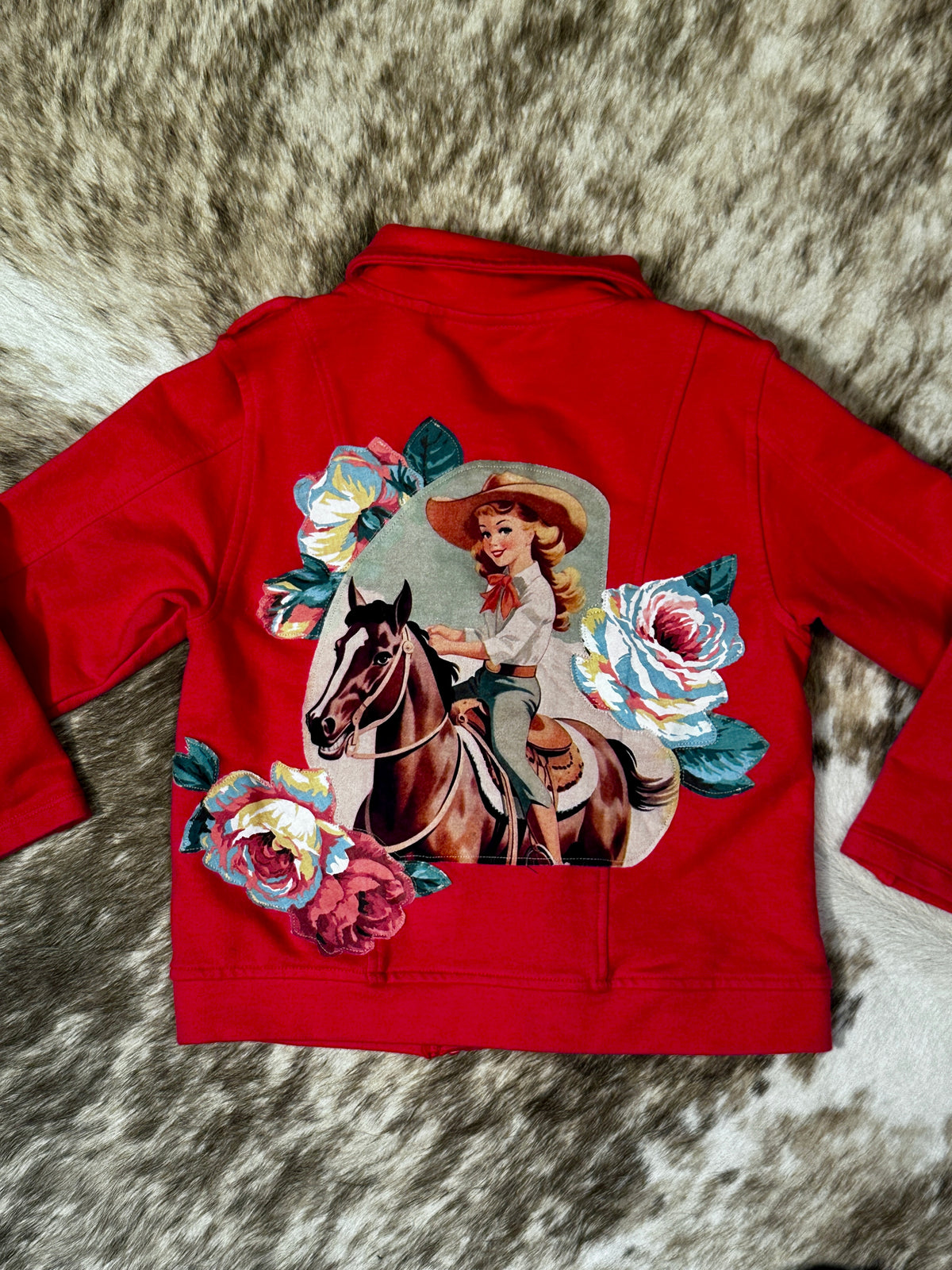 Cowgirl & Roses on Coral Knit Motorcycle Jacket, Size 4T