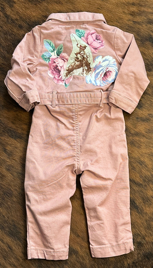 Bronc and Roses on Pink Jumpsuit, Size 12 mons.