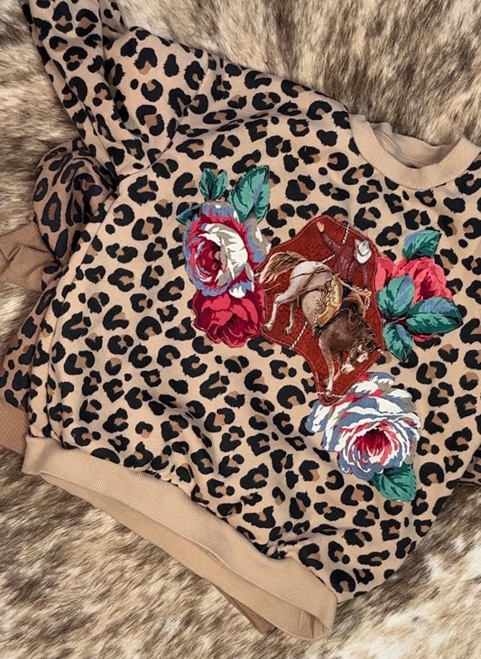 Leopard Sweatshirt with Bucking Horse and Red, White & Blue Roses, size 4T