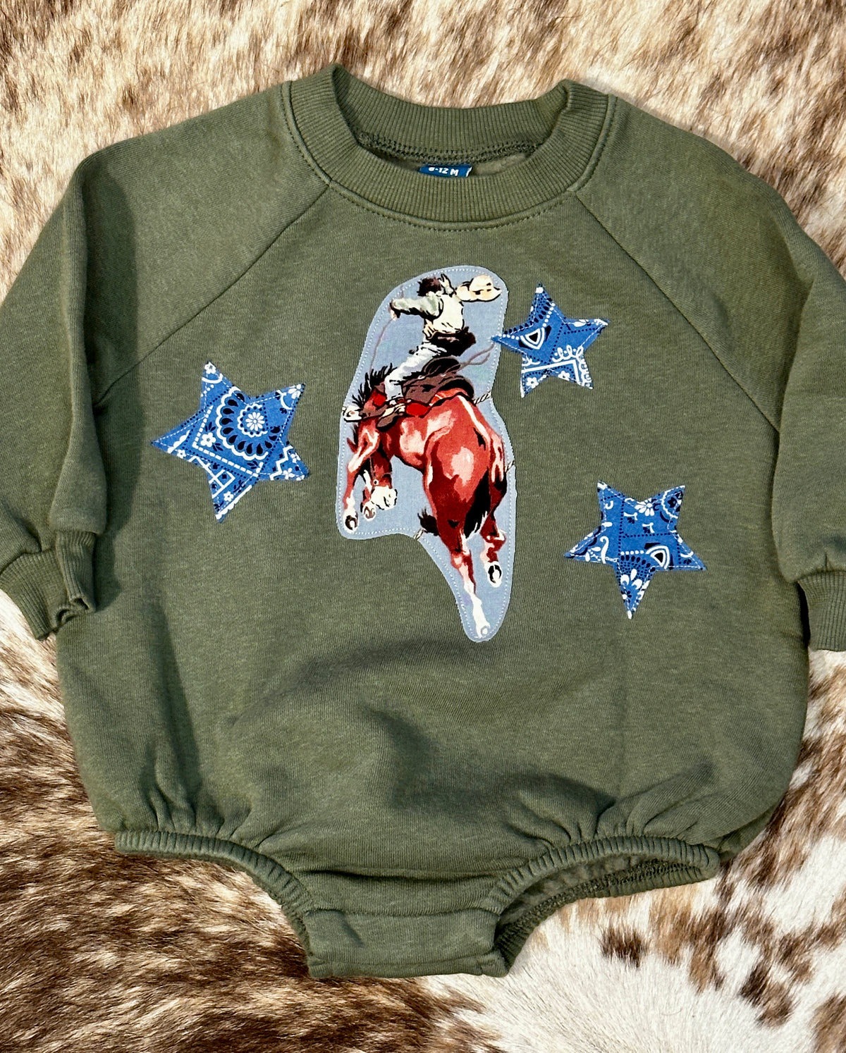 Bucking Horse & Blue Bandana Stars on Olive Sweatshirt Romper, Size 6-12 Mons.
