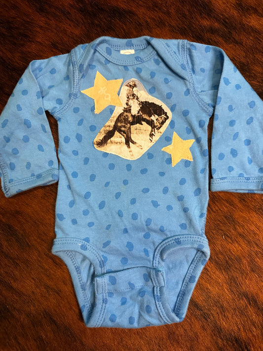 Vintage Bucking Horse & Stars Blue Spotted Onesie, Size Newborn