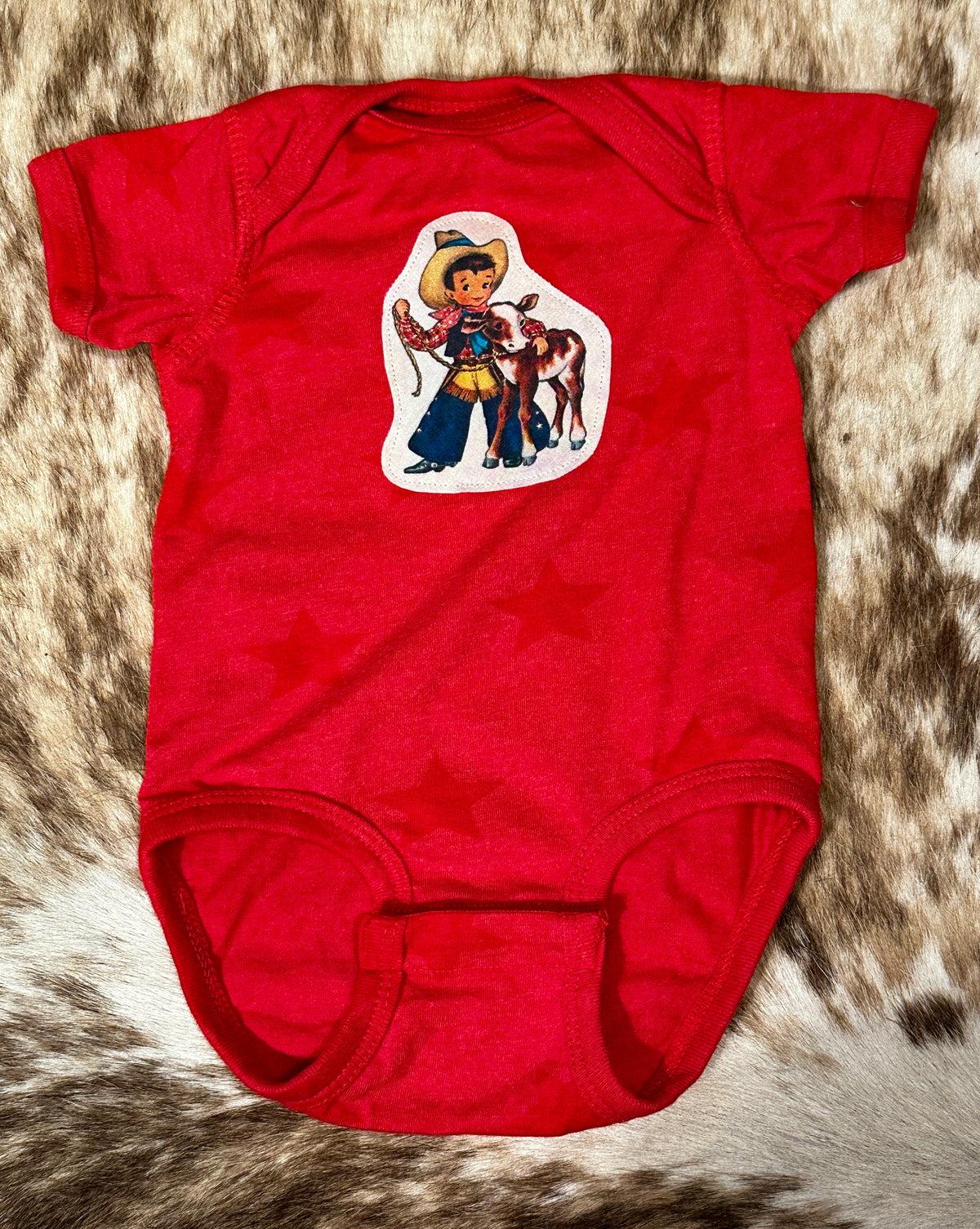 Red Vintage Cowboys Bib, Burp Cloth & Onesie Set, Size 6 mons.