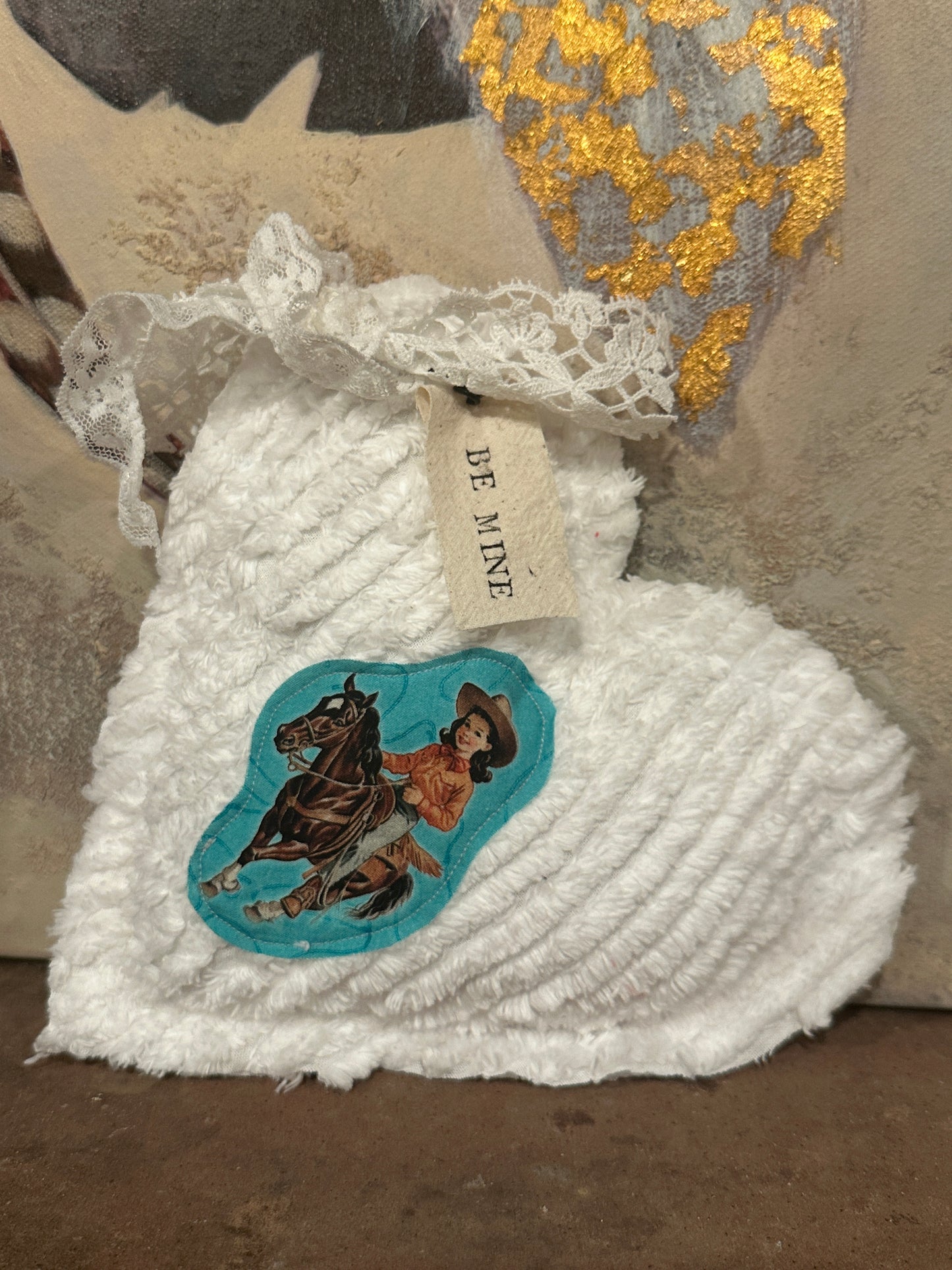 WHITE Chenille Plushie Cowgirl Heart #3