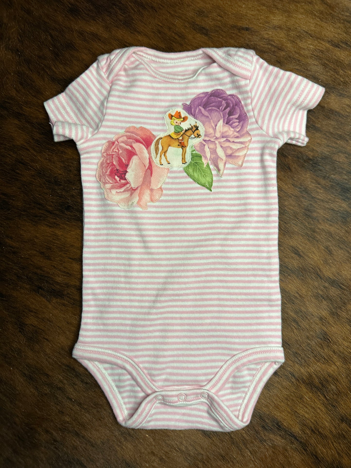Vintage Cowkid & Roses on Pink Striped Onesie, Size 0-3 mons.