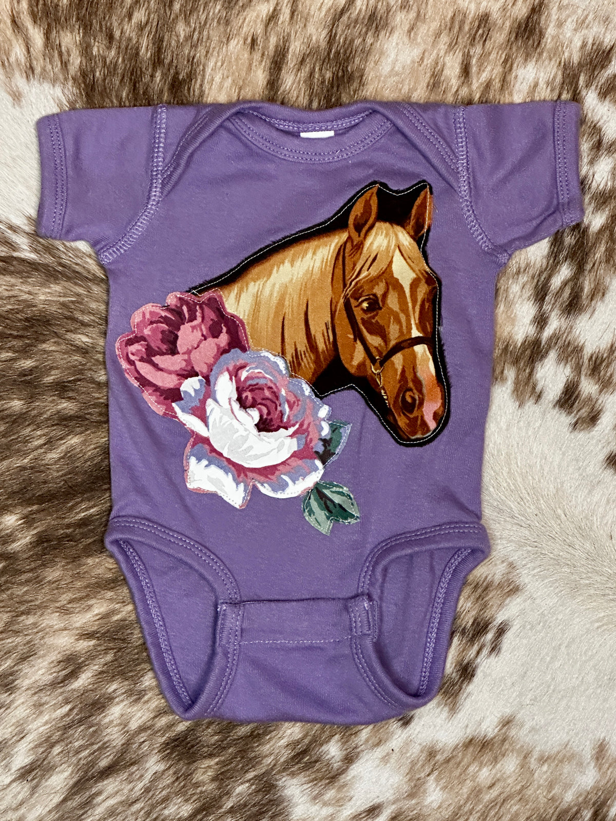 Horse Portrait and Roses on Lavender Onesie, Size Newborn