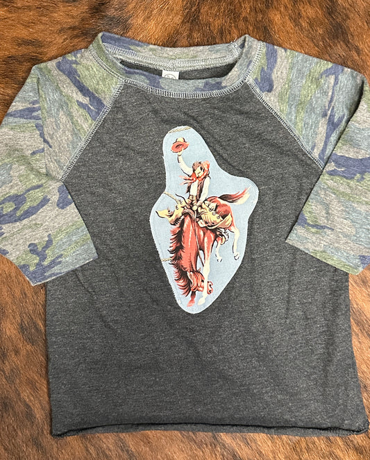 Vintage Bronc on Camo Baseball Tee, Size 3T