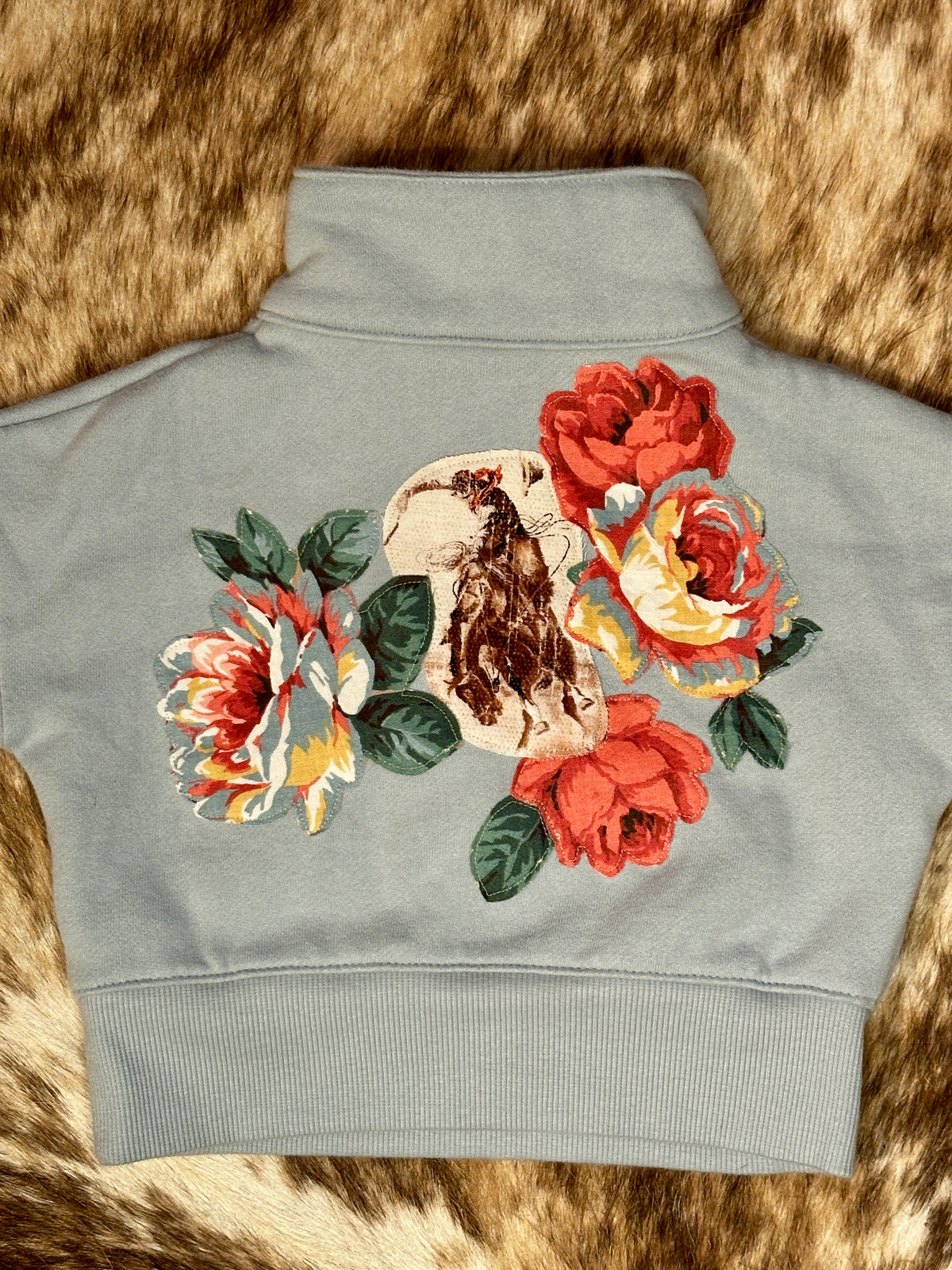 Bronc & Roses on Light Blue Quarter Zip Sweatshirt, Size 12 mons.