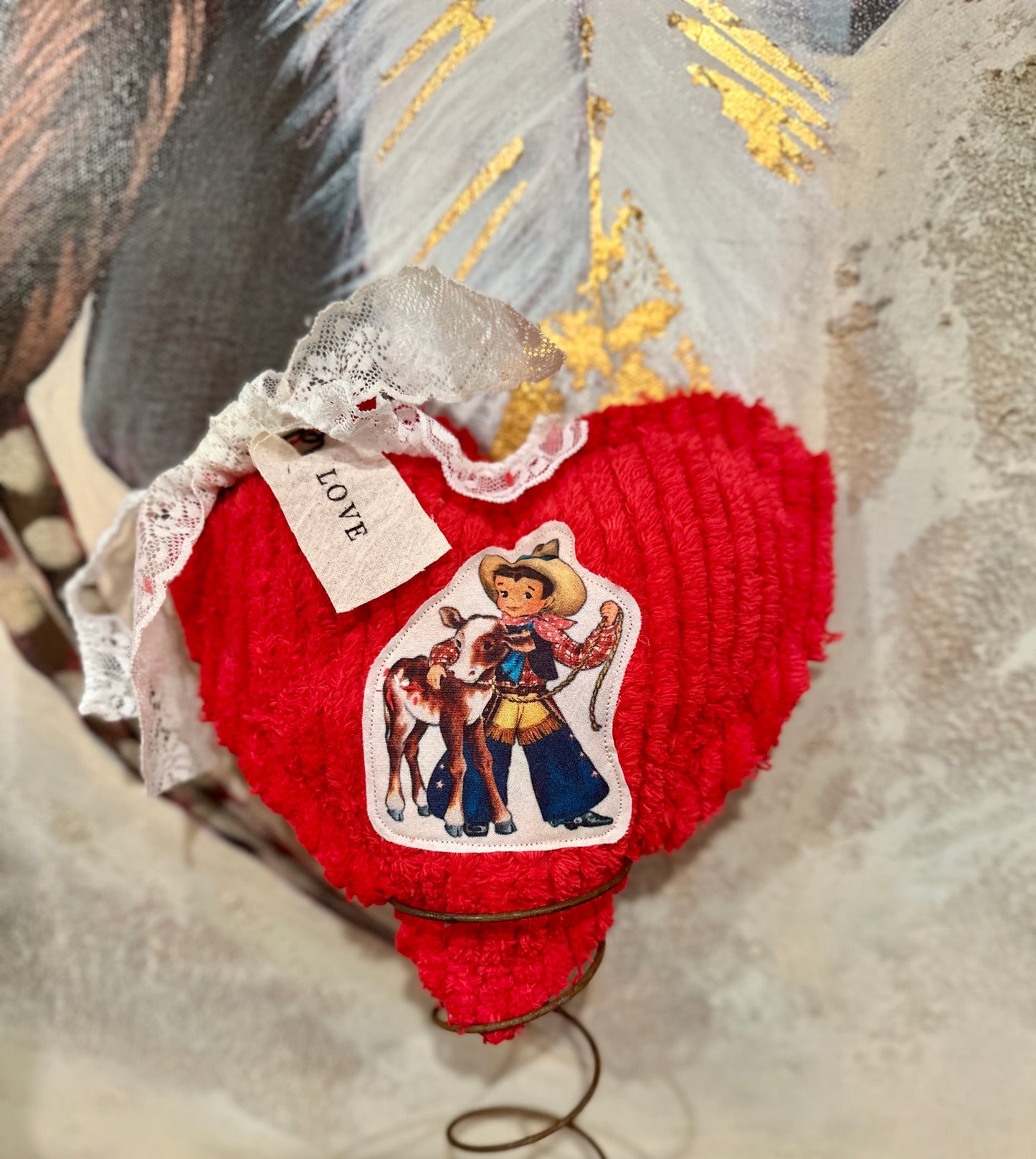 RED Chenille Plushie Cowboy Heart #2