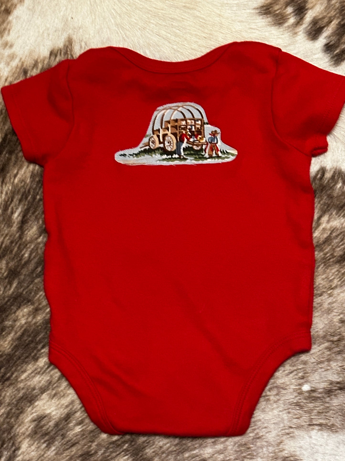 Red Ranch Print with Chuckwagon back, Size 3-6 mons.