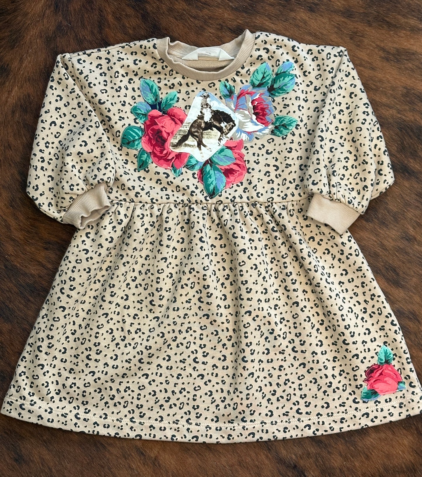 Bronc & Roses on Leopard Sweatshirt Dress, Size 2T