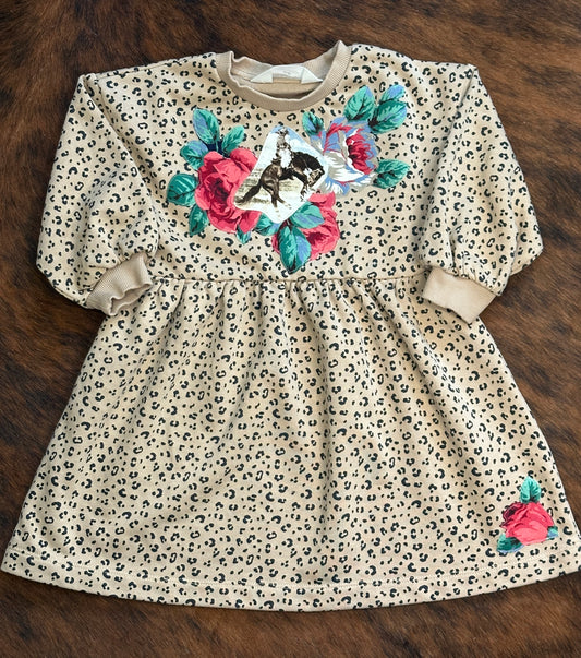 Bronc & Roses on Leopard Sweatshirt Dress, Size 2T