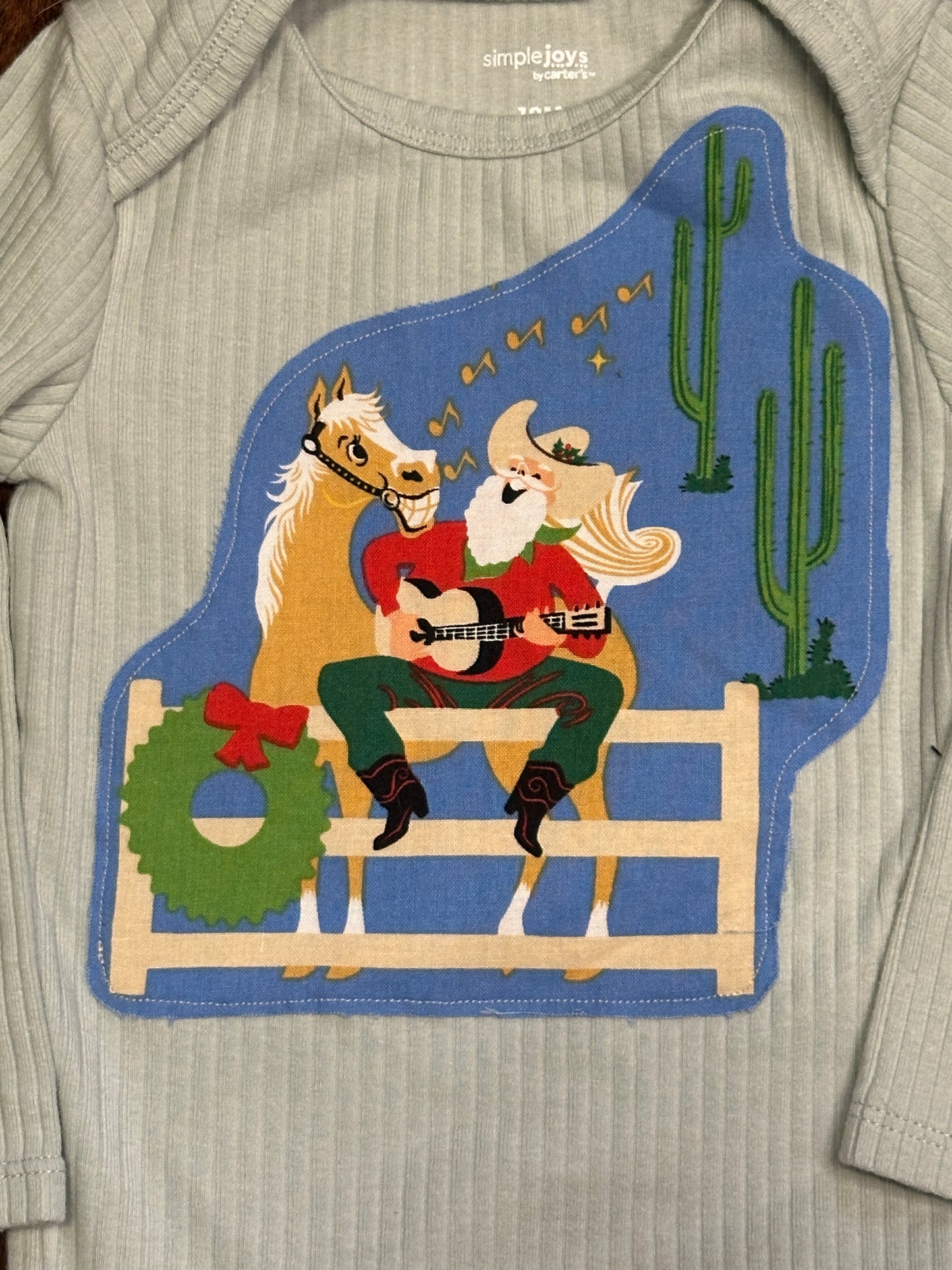 Singing Santa on Light Blue Ribbed Long Sleeve Onesie, Size 18 mons.