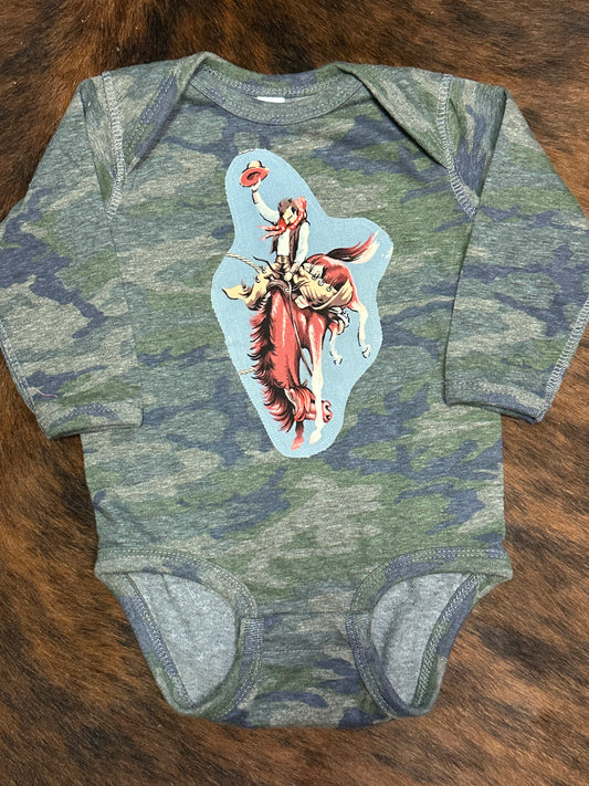 Bronc Buster on Camo Long Sleeve Onesie, Size 12 mons.