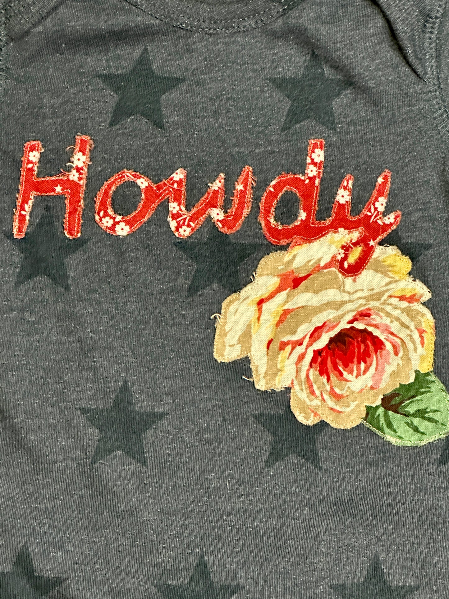 “Howdy” Blue Star Onesie with White Rose, Size 12 mons.