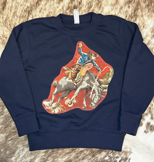 Bronc Rider & Cactus on Navy Sweatshirt, Size 5/6T