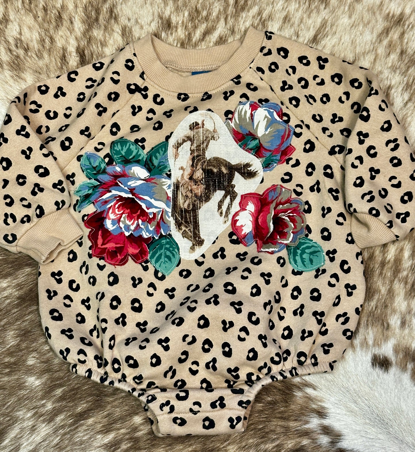 Bronc & Roses Sweatshirt Leopard Onesie, Size 6-12 mons.