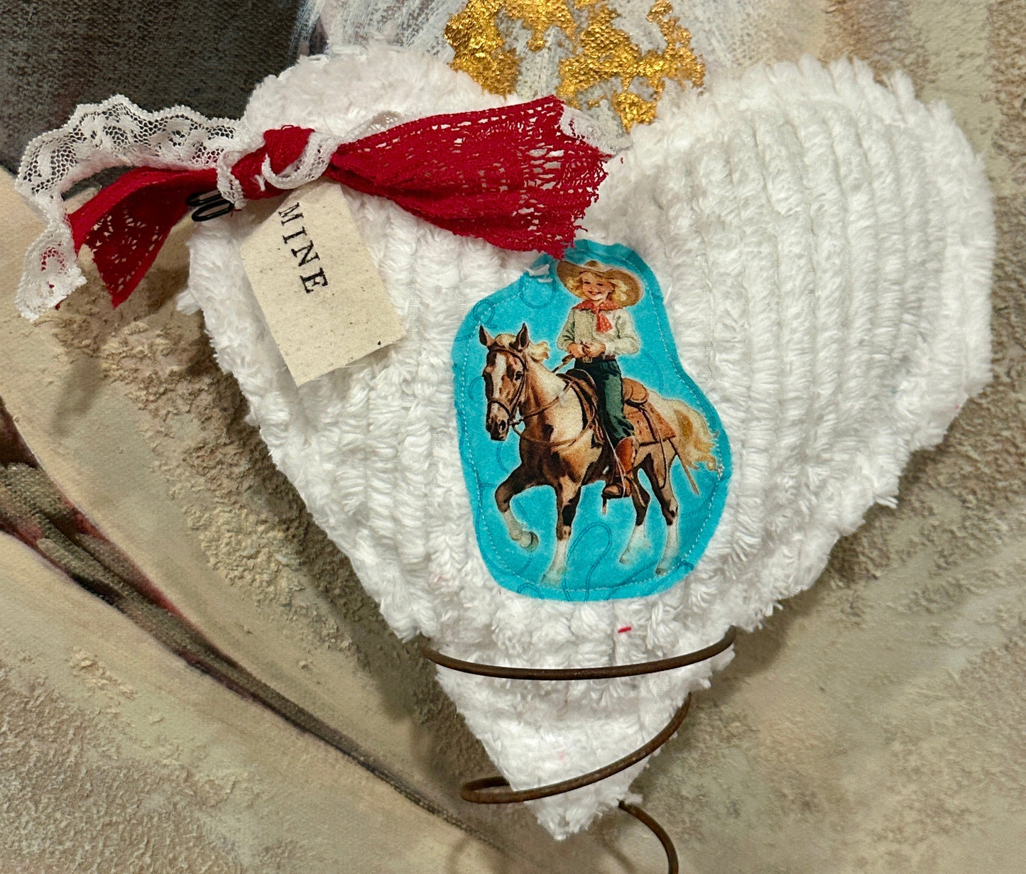 WHITE Chenille Plushie Cowgirl Heart #1