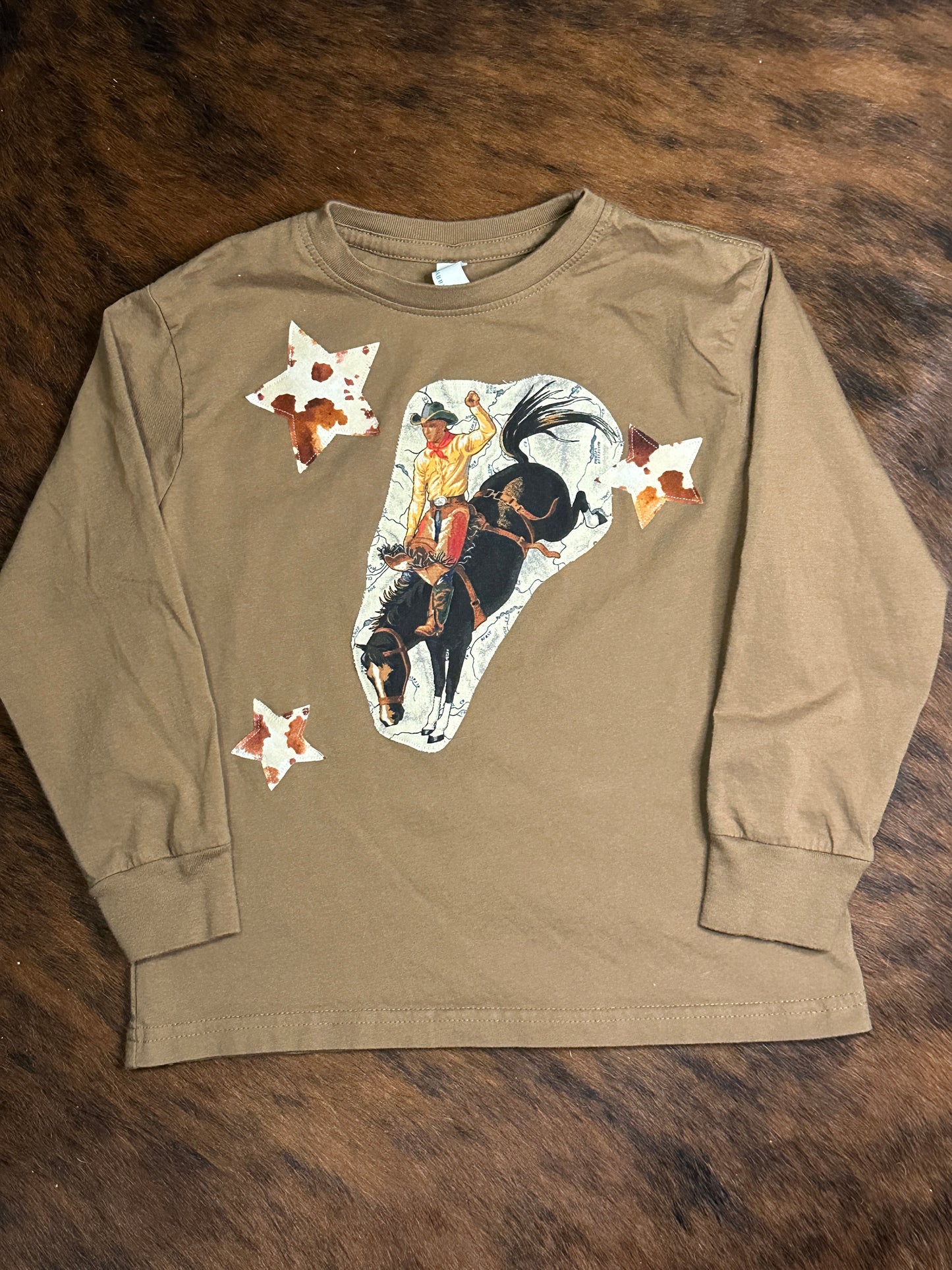 Bronc Rider & Stars on Brown Long Sleeve Tee, Size 5/6T