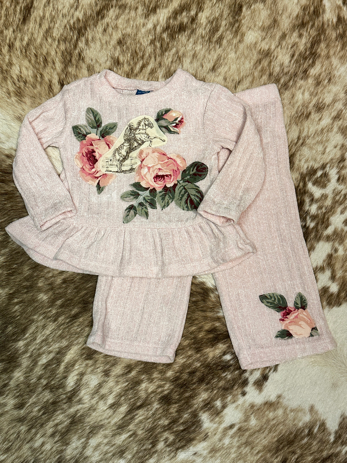 Light Pink Ribbed Chenille Rearing & Roses Set, Size 12-18 mons.