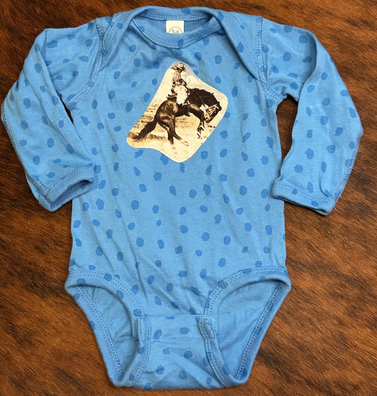 Vintage Bronc on Blue Spotted Onesie, Size 6 mons.