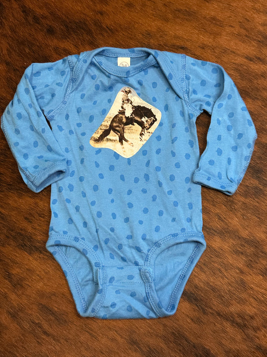 Vintage Bronc on Blue Spotted Onesie, Size 6 mons.