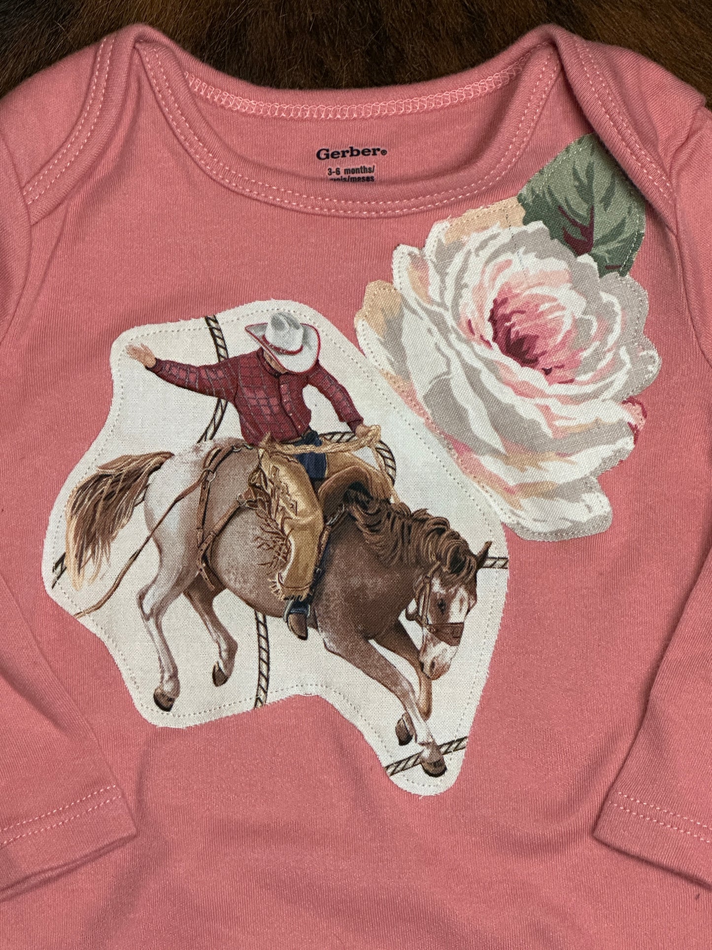 Bronc & Rose Onesie on Perfect Pink Long Sleeve, Size 3-6 mons.