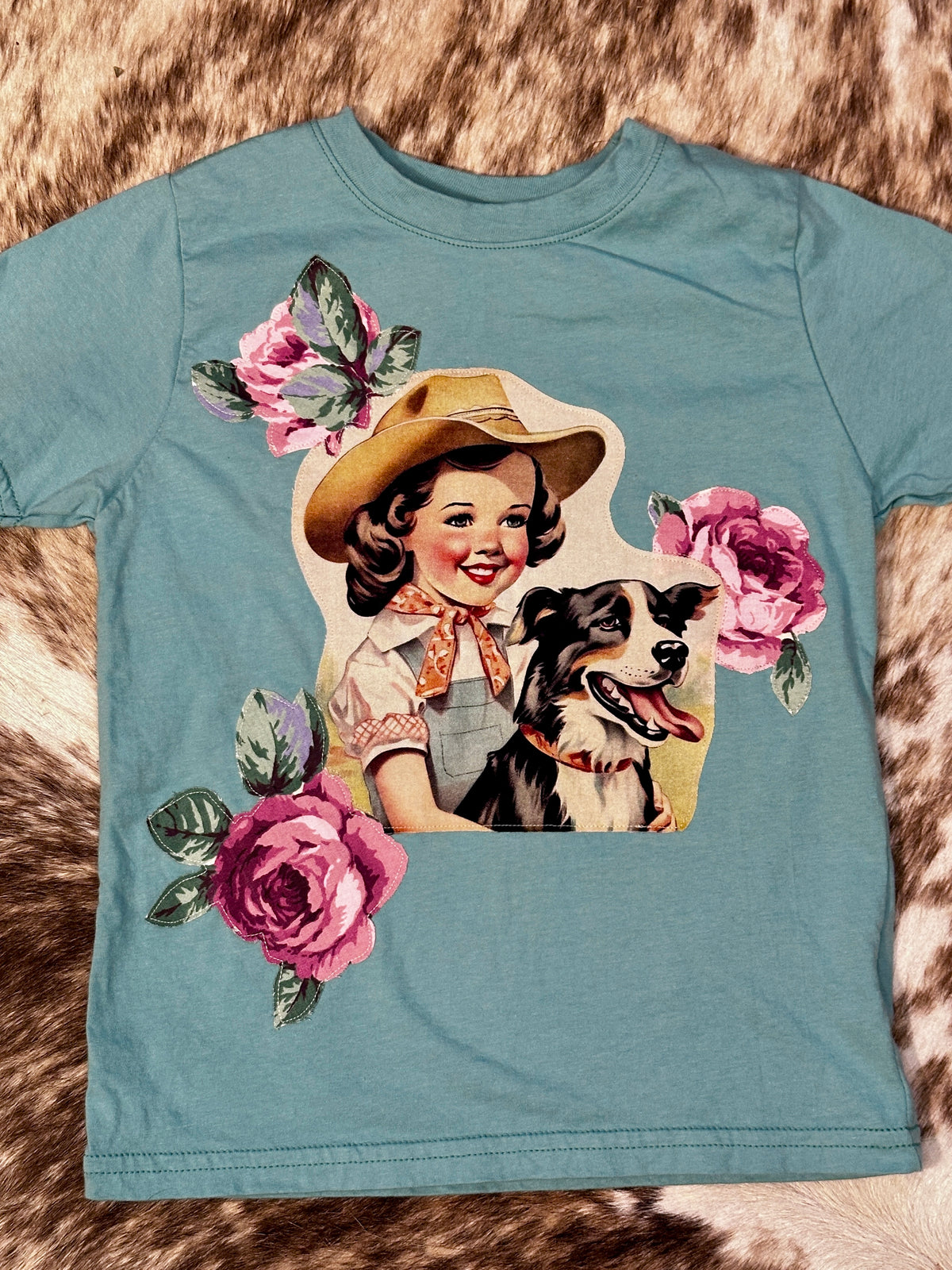 Vintage Cowgirl & Dog with Roses on Turquoise Tee, Size 5/6T
