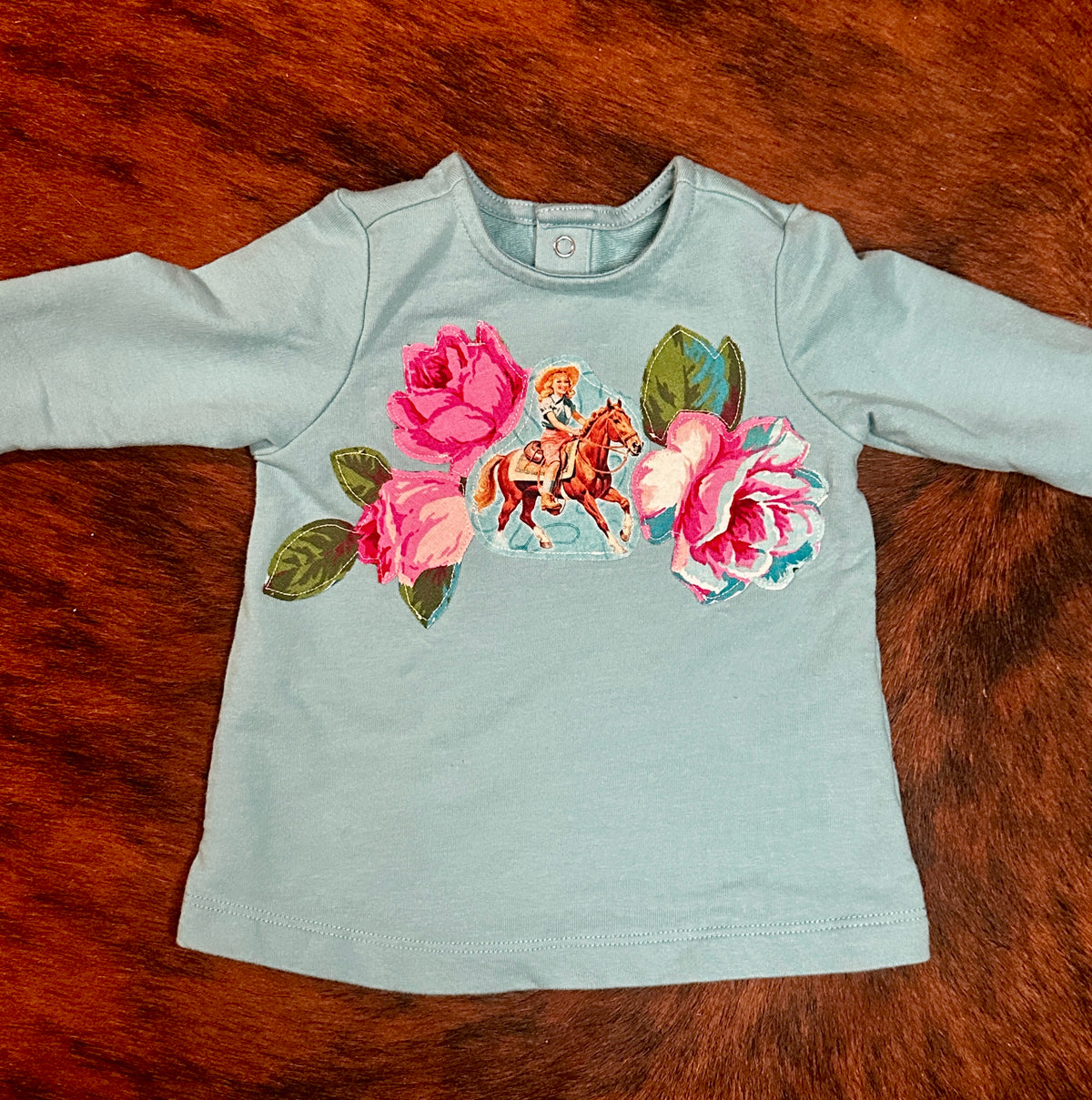 Vintage Cowgirl & Roses on Turquoise Dress, Size 0-3 mons.