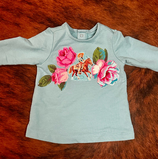 Vintage Cowgirl & Roses on Turquoise Dress, Size 0-3 mons.