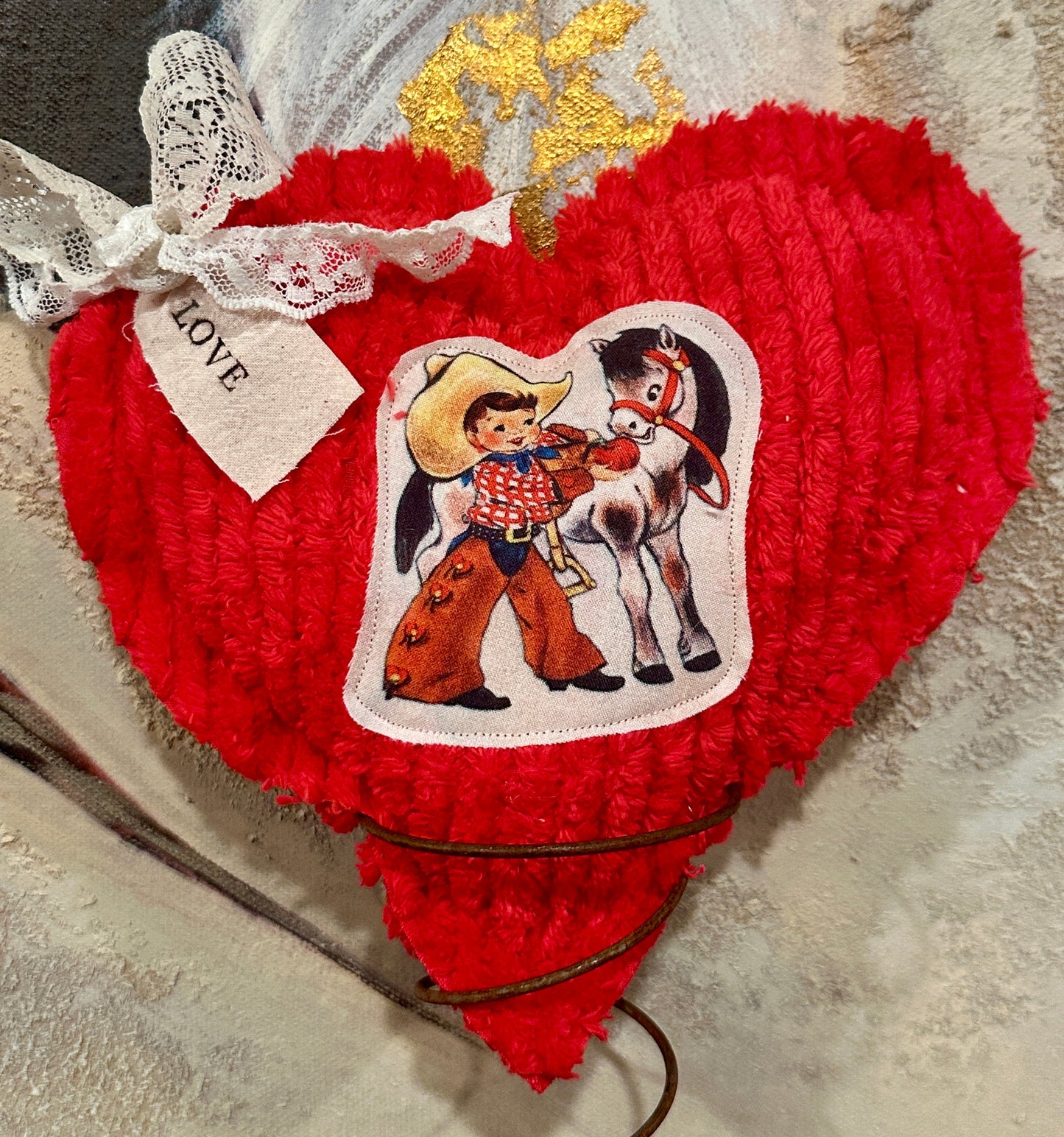 RED Chenille Plushie Cowboy Heart #1