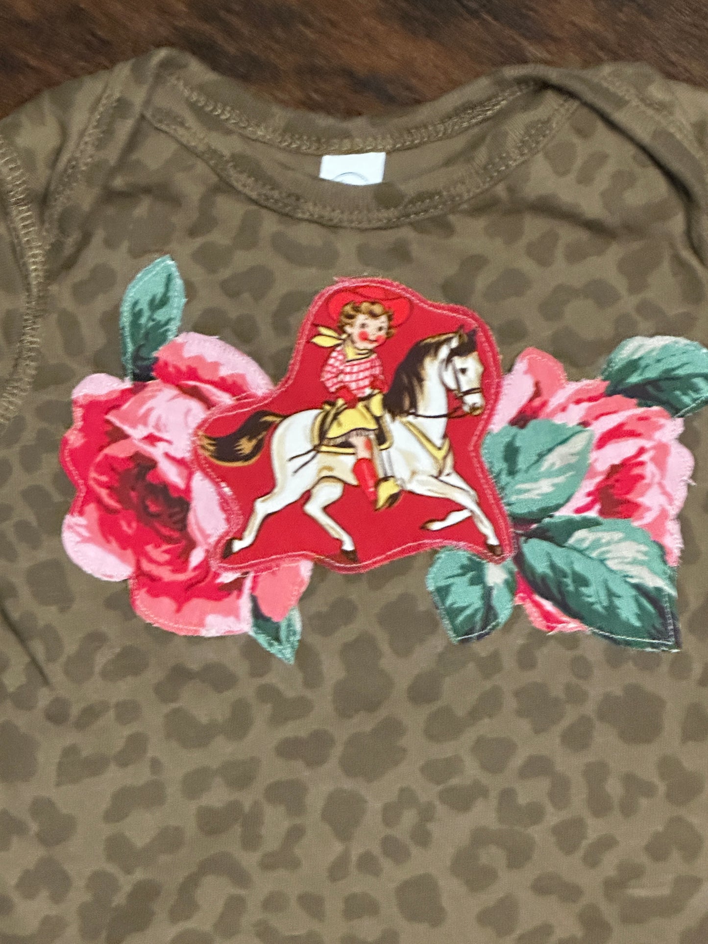 Vintage Cowgirl & Roses on Brown Leopard Onesie, Size 12 mons.
