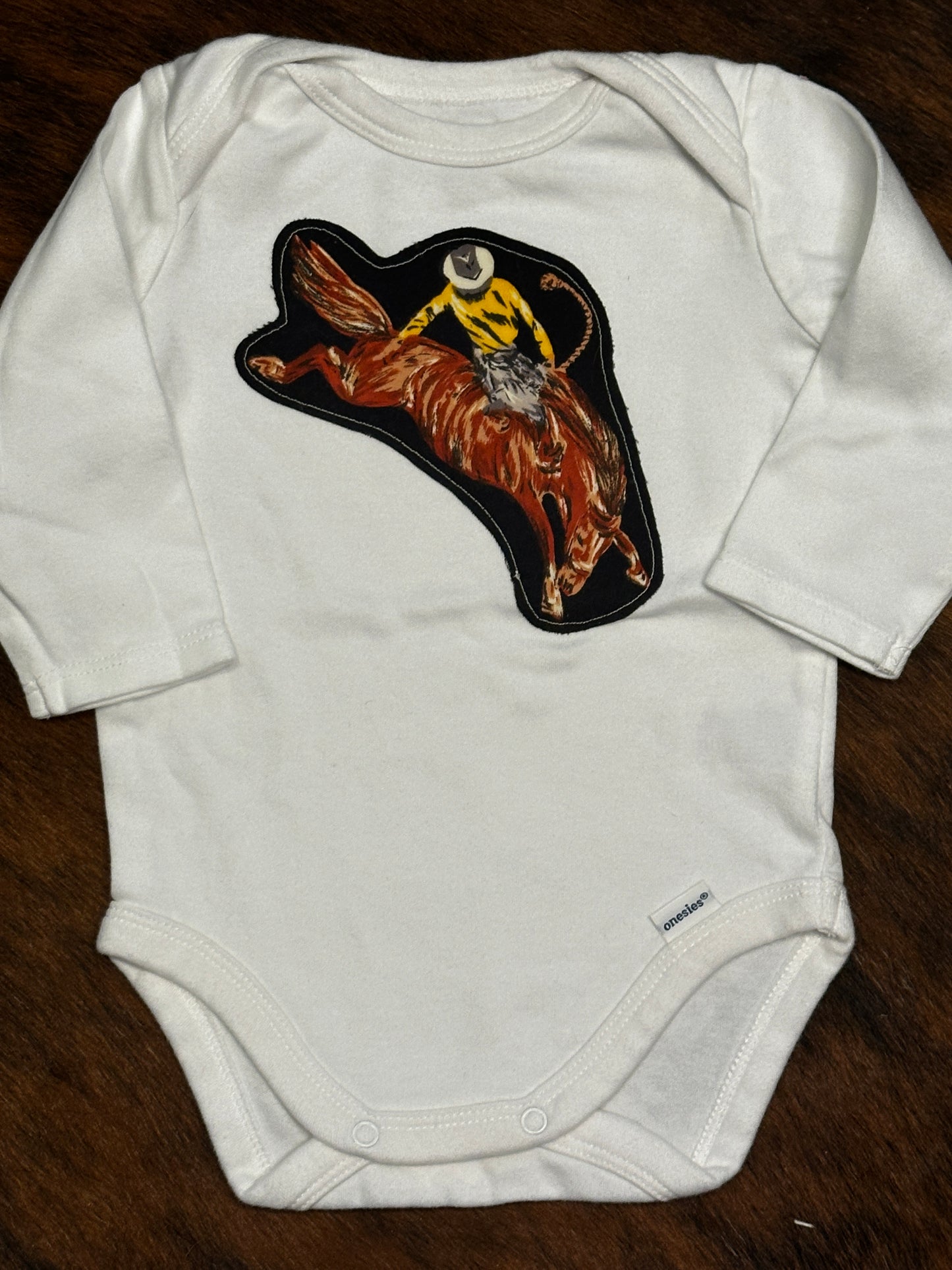 Bronc Rider on Long Sleeved Onesie, Size 0-3 mons.