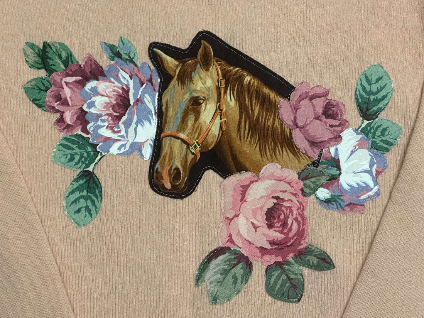 Peach Sweatshirt with Horse Portrait & Pastel Roses, ADULT Unisex Size Large (Fits like Women’s XL)