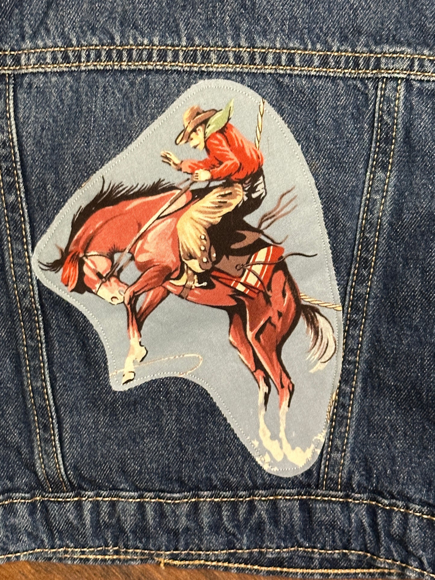 Vintage Bronc Rider on Denim Sherpa Lined Jacket, Size 12-18 mons.