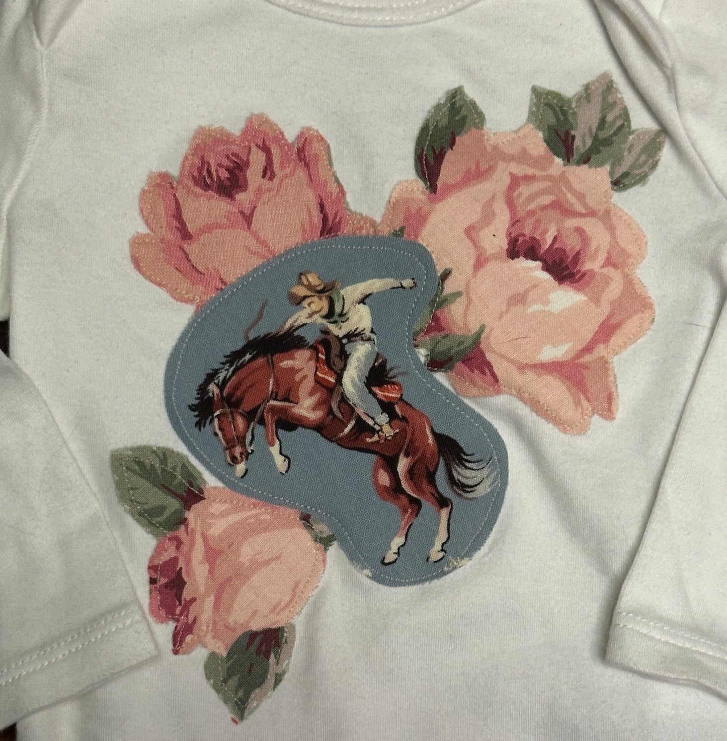 Range Rider & Roses on Long Sleeve Onesie, Size 0-3 mons.