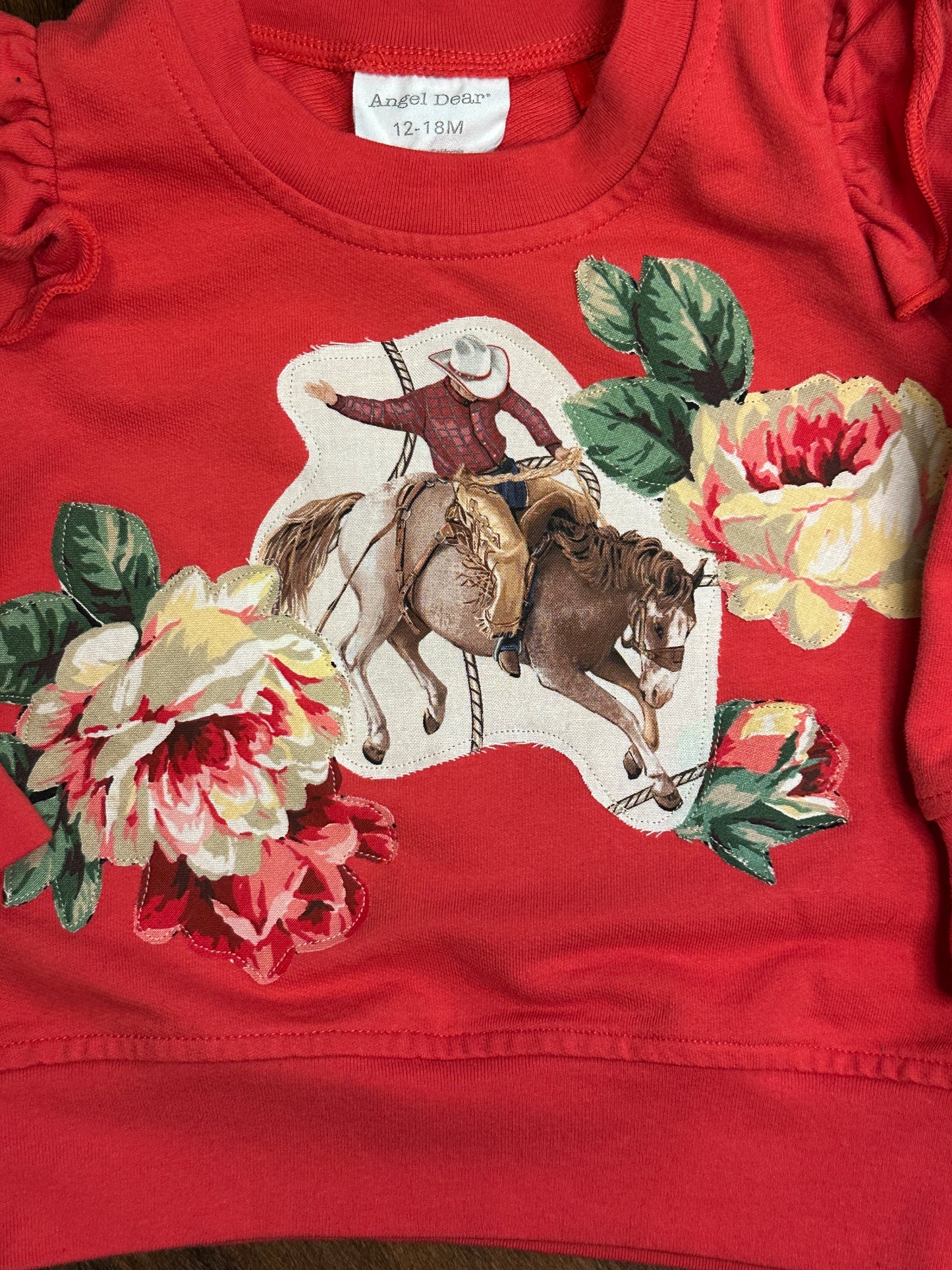 Ruffle Shoulder Sweatshirt with Bronc and Roses, Size 12-18 mons.