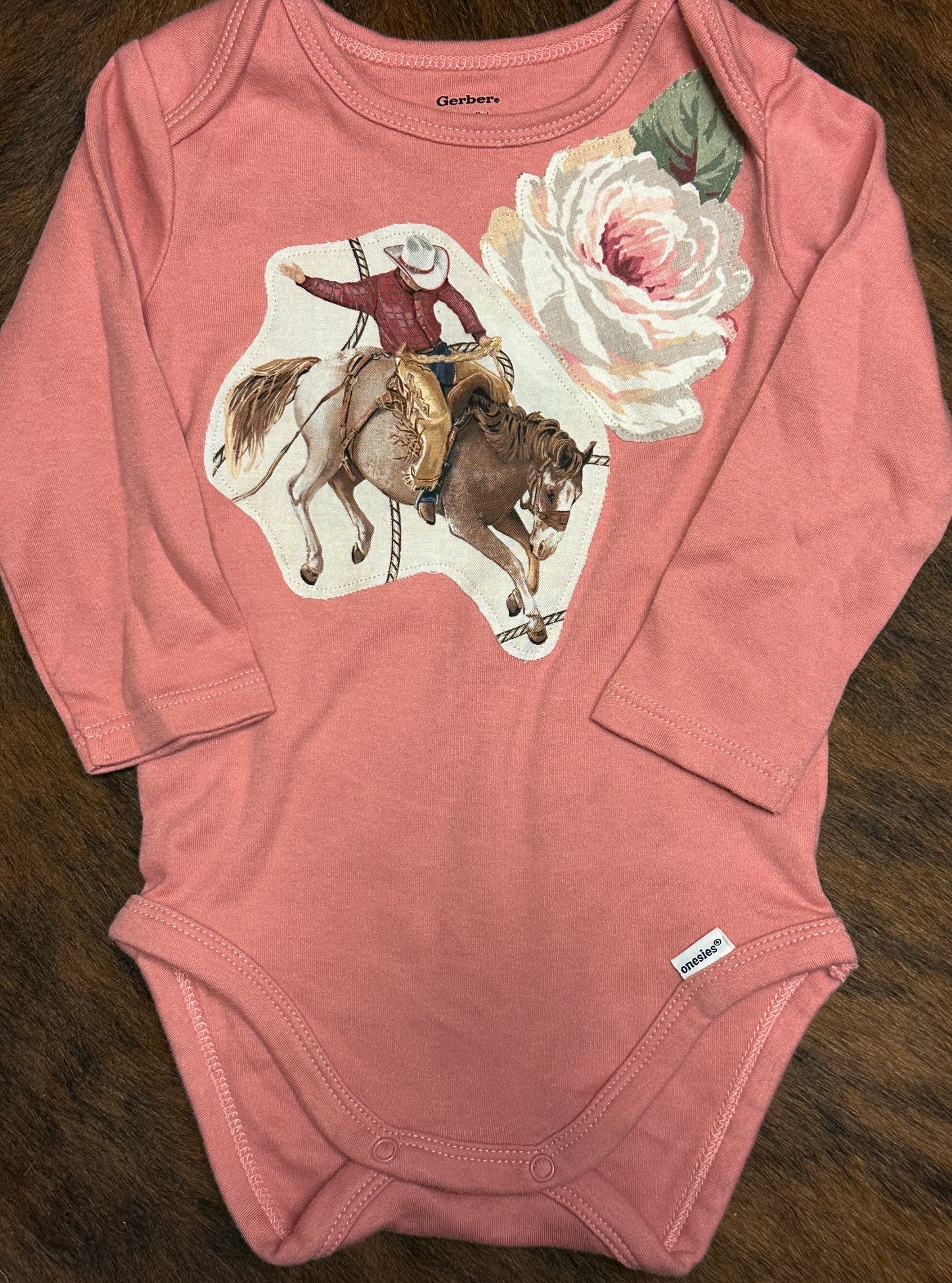 Bronc & Rose Onesie on Perfect Pink Long Sleeve, Size 3-6 mons.