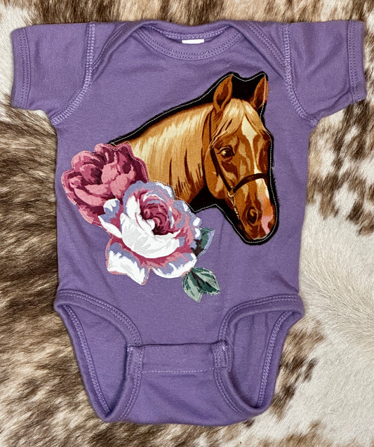 Horse Portrait and Roses on Lavender Onesie, Size Newborn