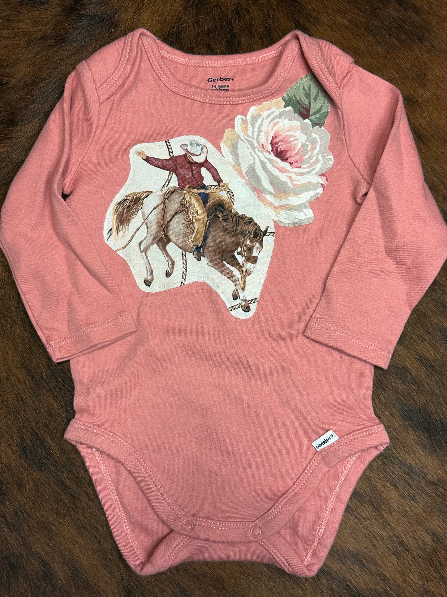 Bronc & Rose Onesie on Perfect Pink Long Sleeve, Size 3-6 mons.