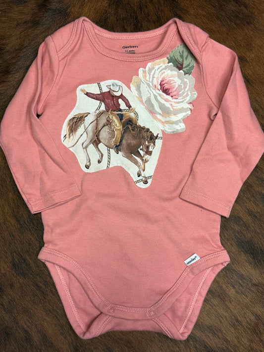 Bronc & Rose Onesie on Perfect Pink Long Sleeve, Size 3-6 mons.