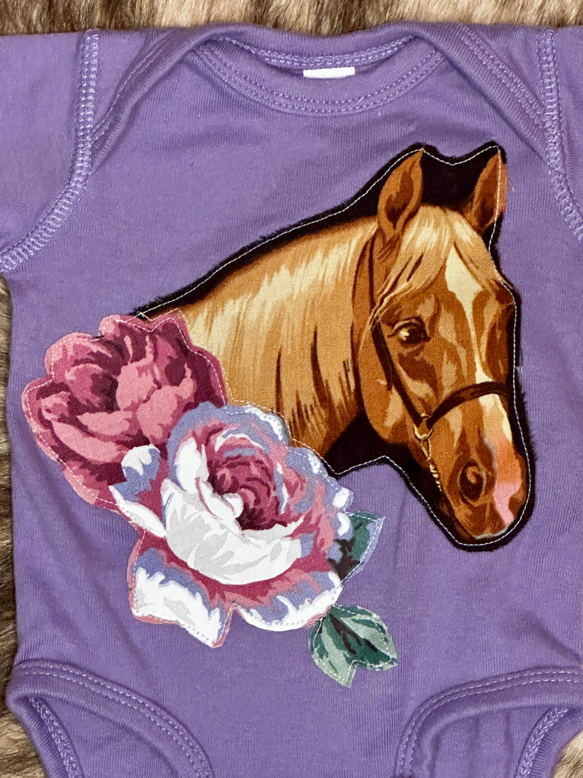 Horse Portrait and Roses on Lavender Onesie, Size Newborn