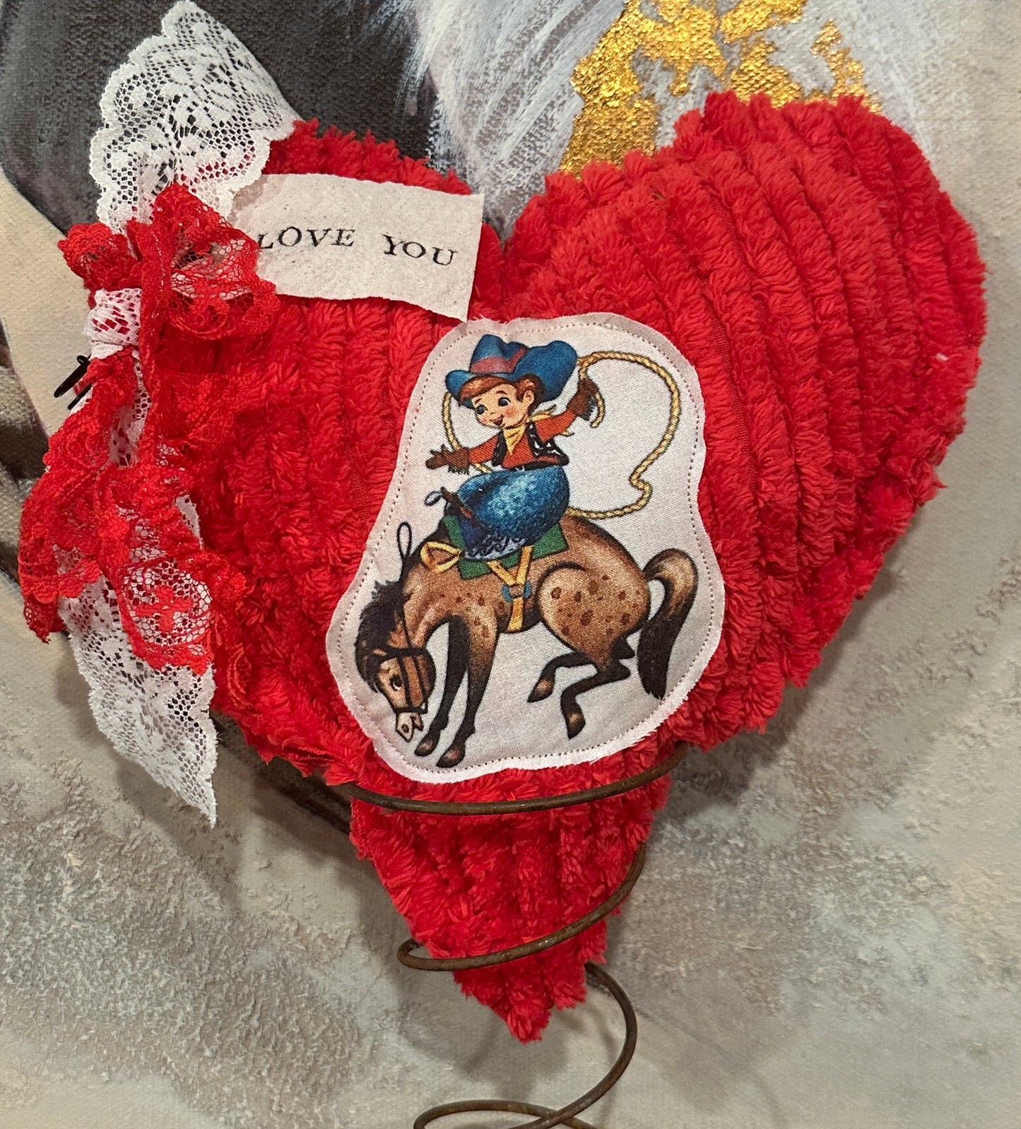 RED Chenille Plushie Cowboy Heart #4