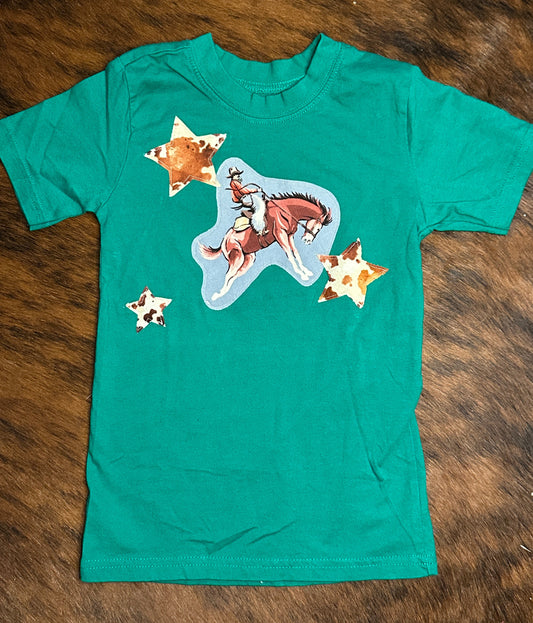 Vintage Bronc with Cowhide Print Stars on Green Tee, Size 5T